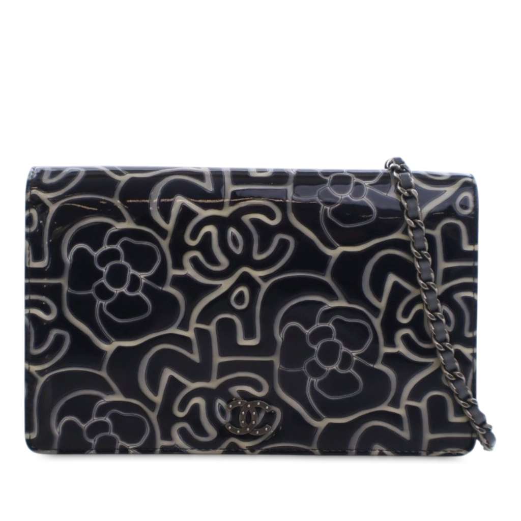 Chanel CC Embossed Patent Camellia Wallet On Chain