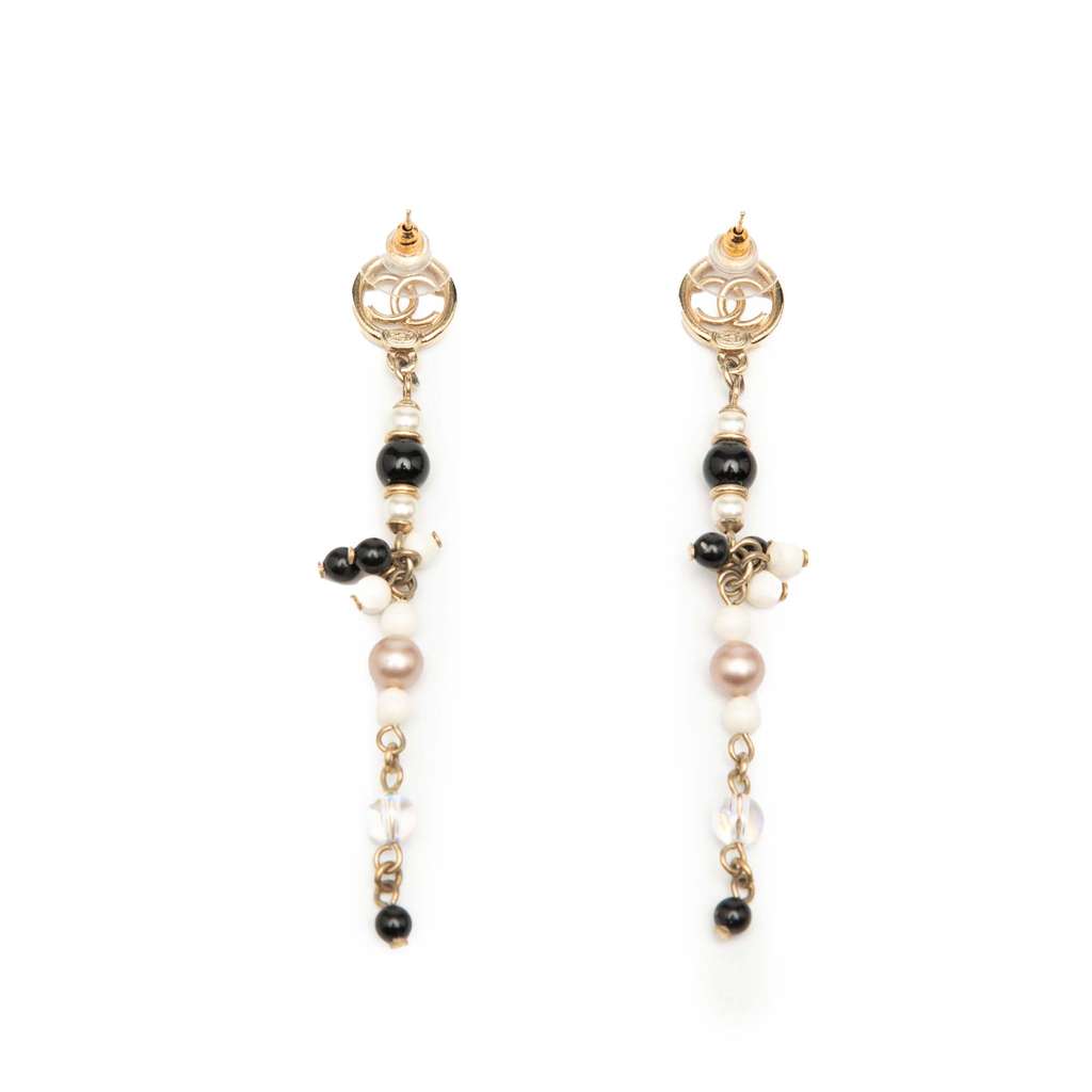 Chanel Gold Plated CC Faux Pearl Beads Drop Push Back Earrings - 2