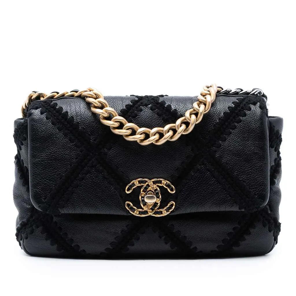 Chanel Medium Crochet Calfskin 19 Flap Black Medium Leather