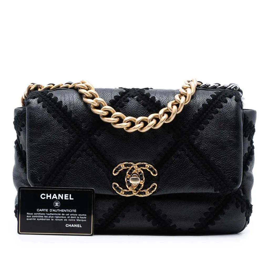 Chanel Medium Crochet Calfskin 19 Flap Black Medium Leather
