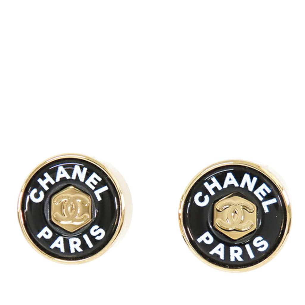 Chanel Gold Plated Enamel Logo Button Bullet Back Earrings