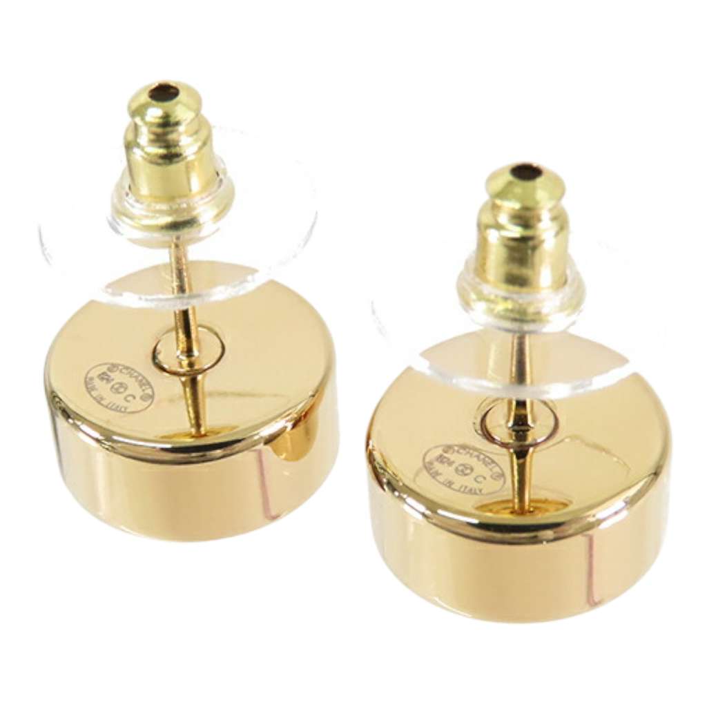 Chanel Gold Plated Enamel Logo Button Bullet Back Earrings - 2