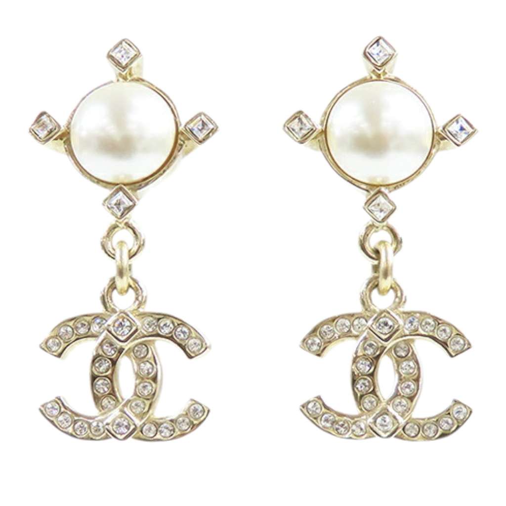 Chanel CC Gold Plated Faux Pearl Swing Push Back Earrings