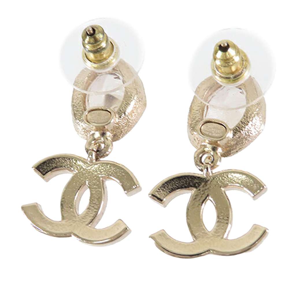 Chanel Gold Plated Crystal Faux Pearl CC Drop Push Back Earrings - 2