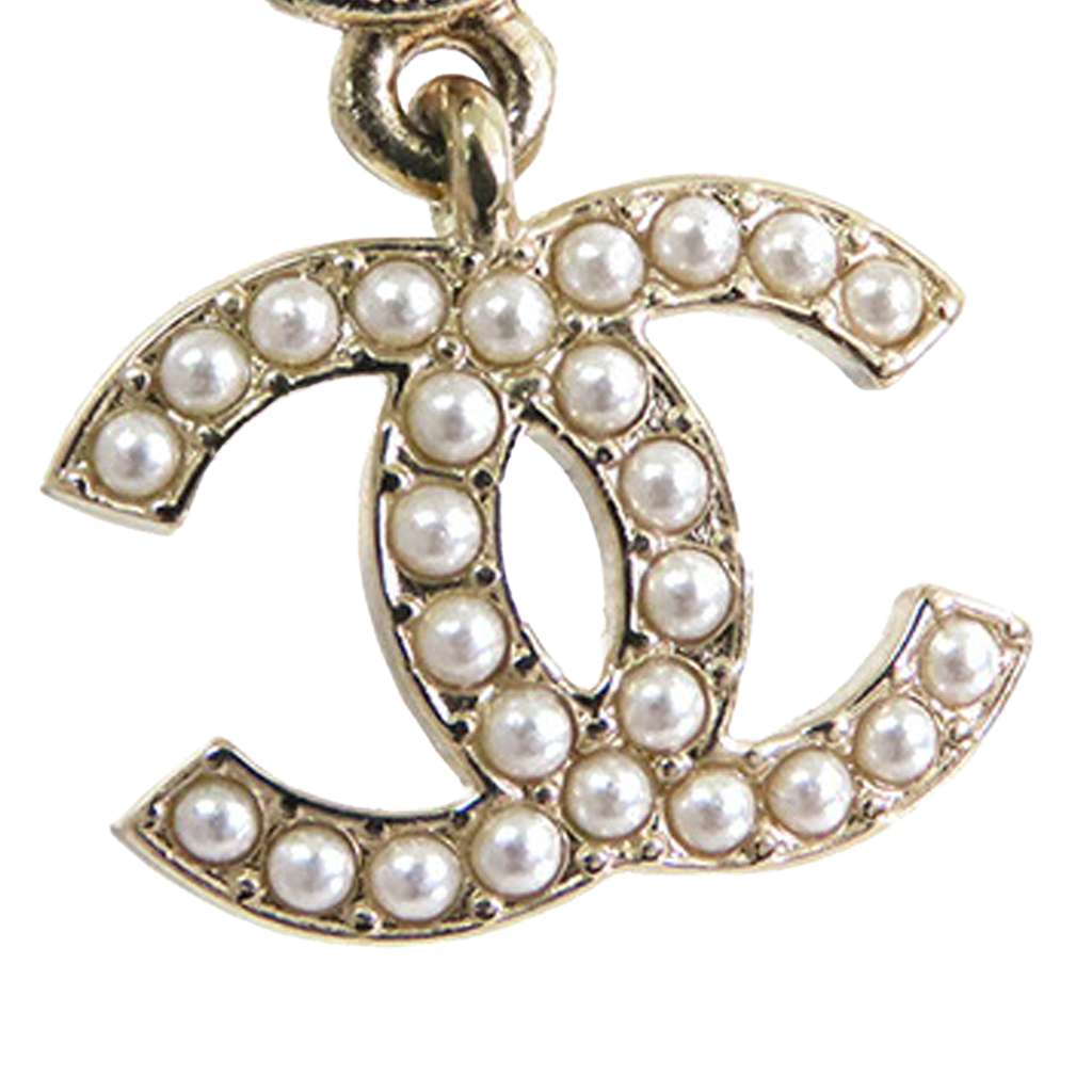 Chanel Gold Plated Crystal Faux Pearl CC Drop Push Back Earrings - 4