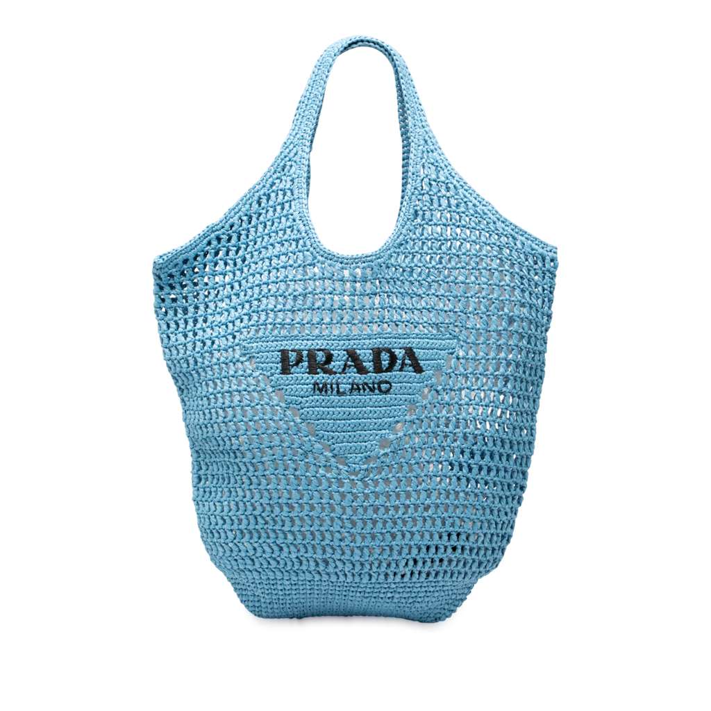 Prada Raffia Effect Crochet Logo Embroidered Shopping Tote