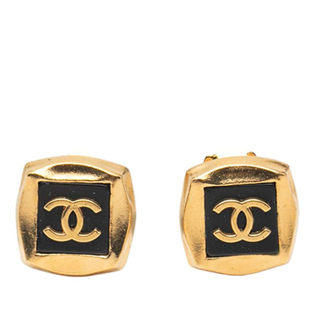 Chanel Gold Plated CC Enamel Square Clip On Earrings