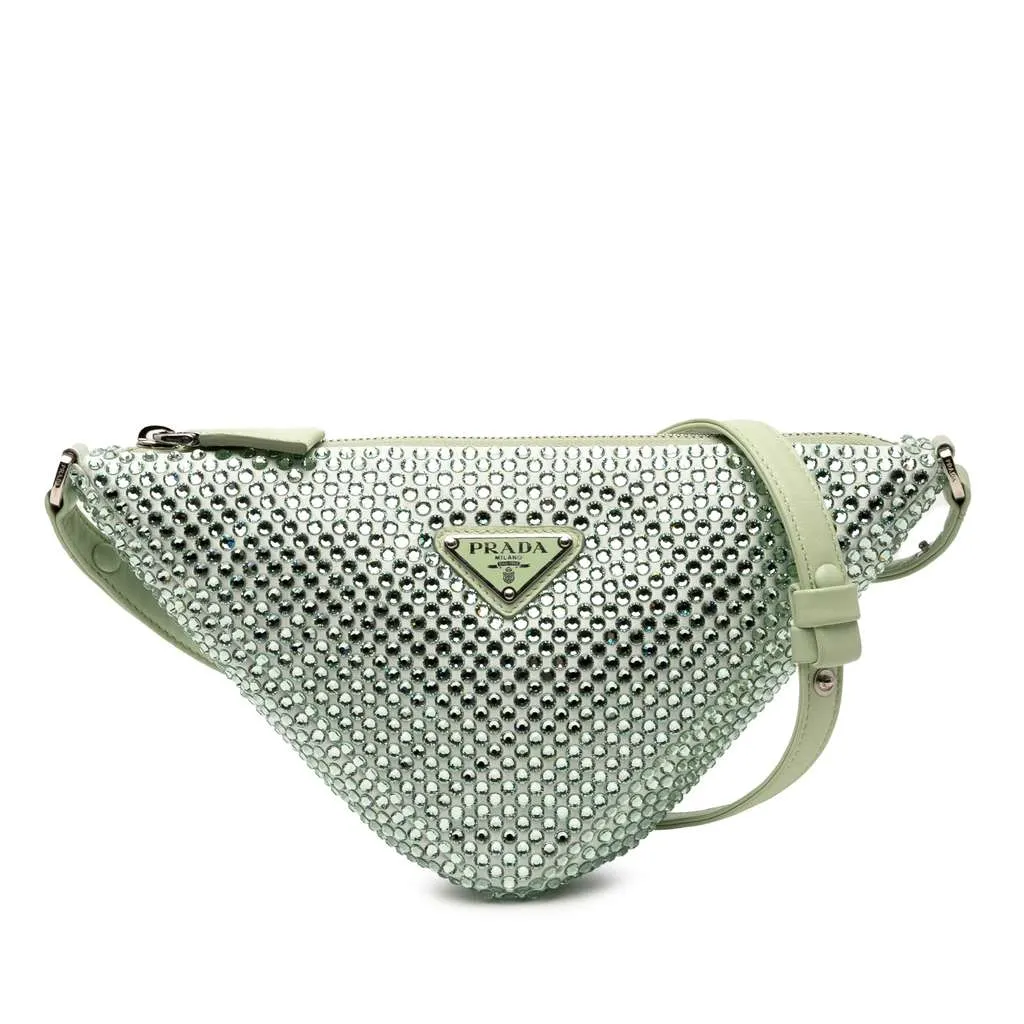 Prada Satin Crystal Embellished Triangle Pouch Green Satin Very good - Front View