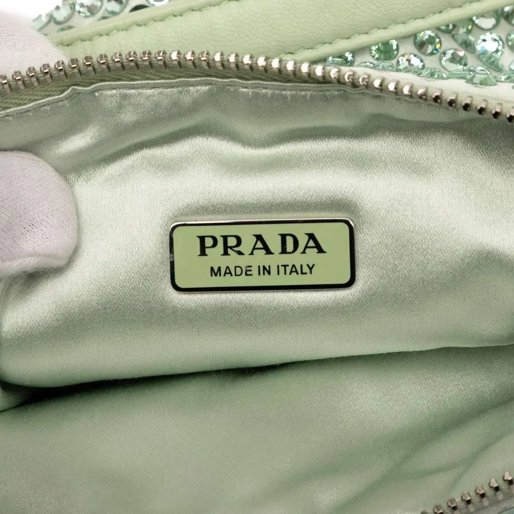 Prada Satin Crystal Embellished Triangle Pouch Green Satin Very good - Box View
