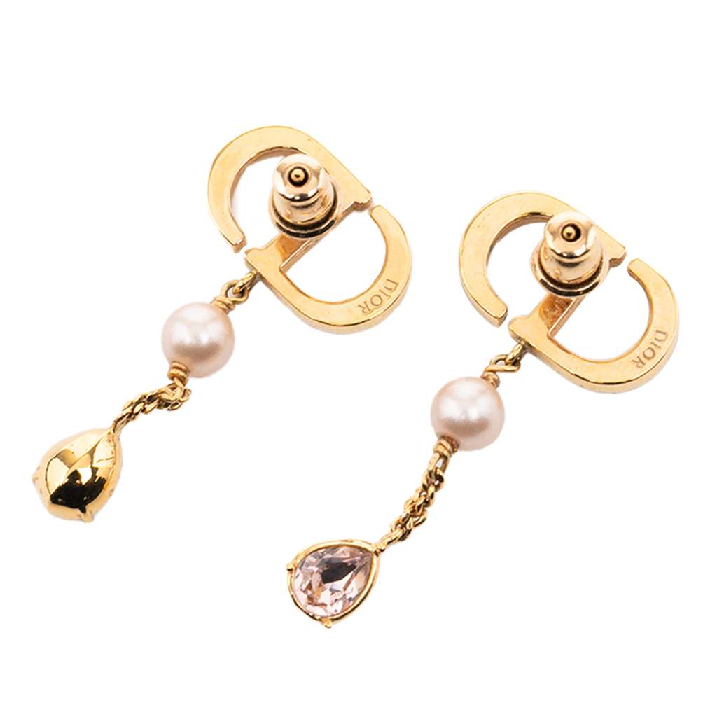 Dior Gold Plated Faux Pearl and Rhinestones Drop Push Back Earrings - 2