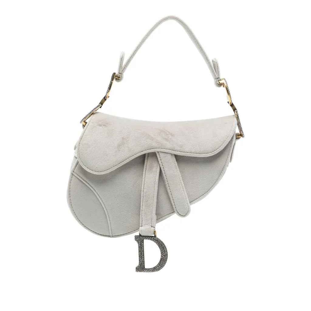 Dior Mini Velvet Crystal Embellished Hardware Saddle Bag Grey Velvet Good - Front View