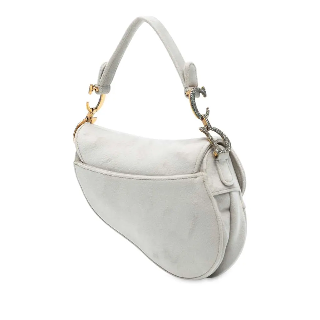 Dior Mini Velvet Crystal Embellished Hardware Saddle Bag Grey Velvet Good - Back View
