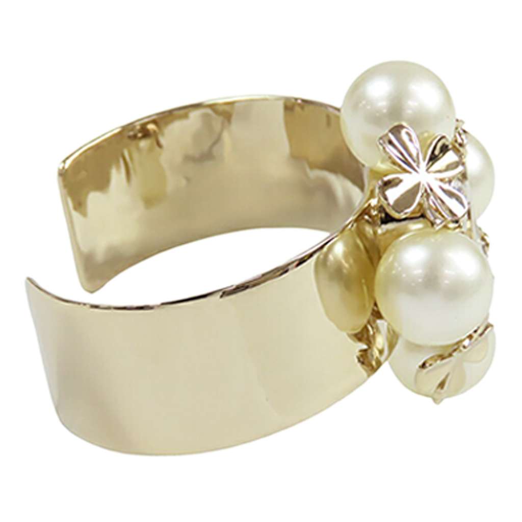 Chanel CC Gold Plated Faux Pearl Clover Cuff Bracelet - 2