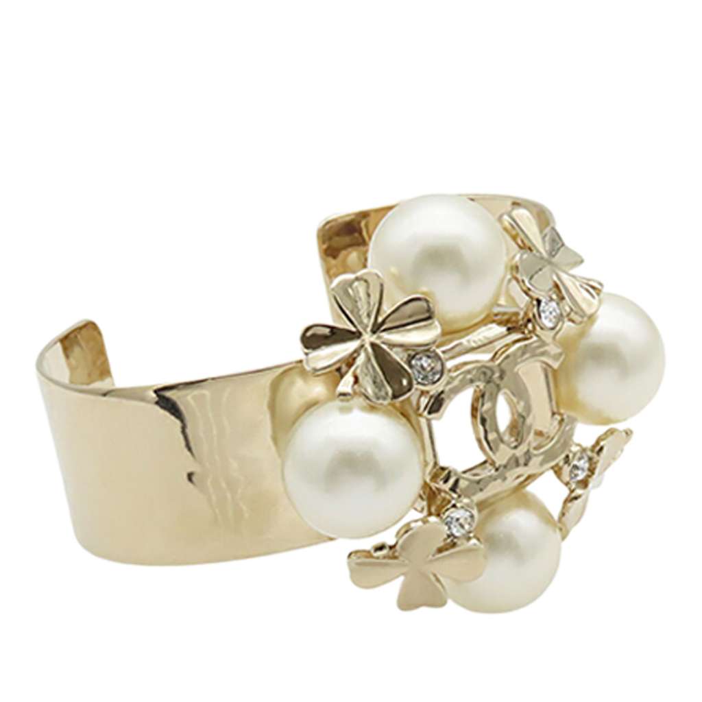 Chanel CC Gold Plated Faux Pearl Clover Cuff Bracelet - 3