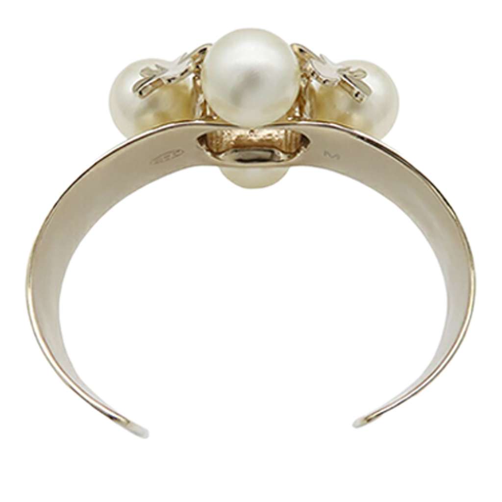 Chanel CC Gold Plated Faux Pearl Clover Cuff Bracelet - 4