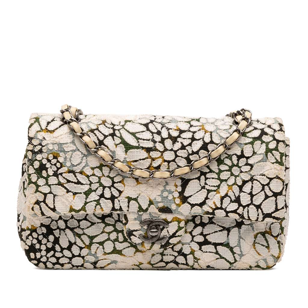Chanel Medium Classic Chevron Tweed Floral Double Flap