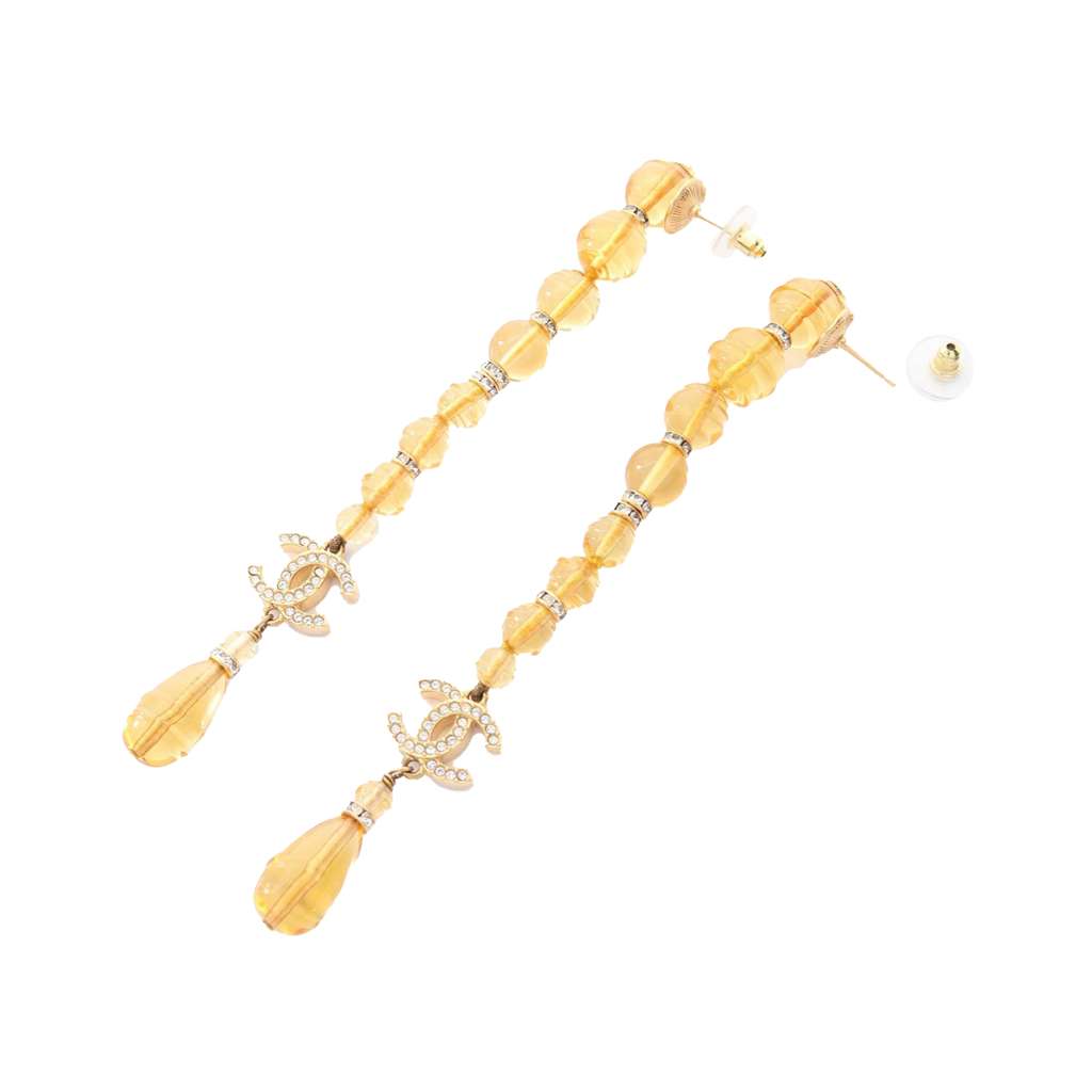Chanel CC Gold Plated Crystal Beads Long Drop Push Back Earrings - 2