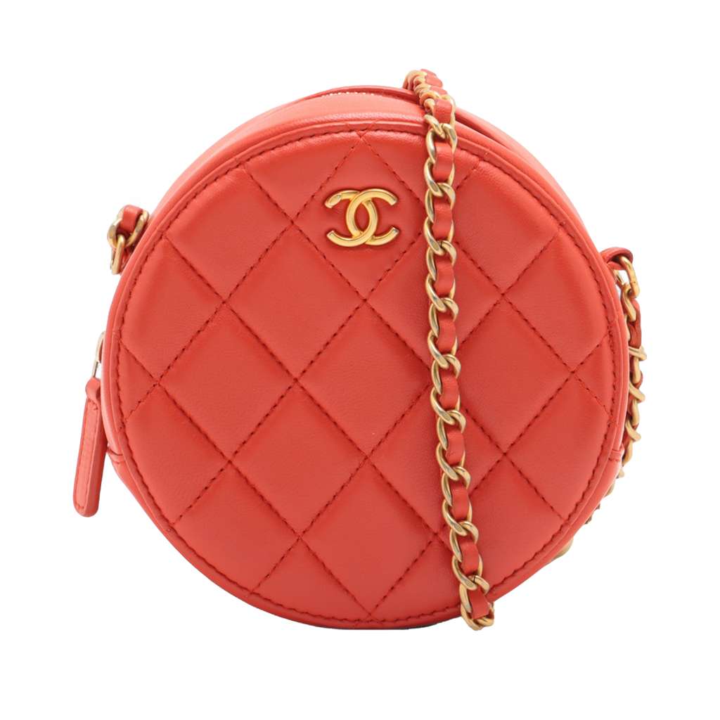 Chanel CC Quilted Lambskin Pearl Crush Round Clutch with Chain