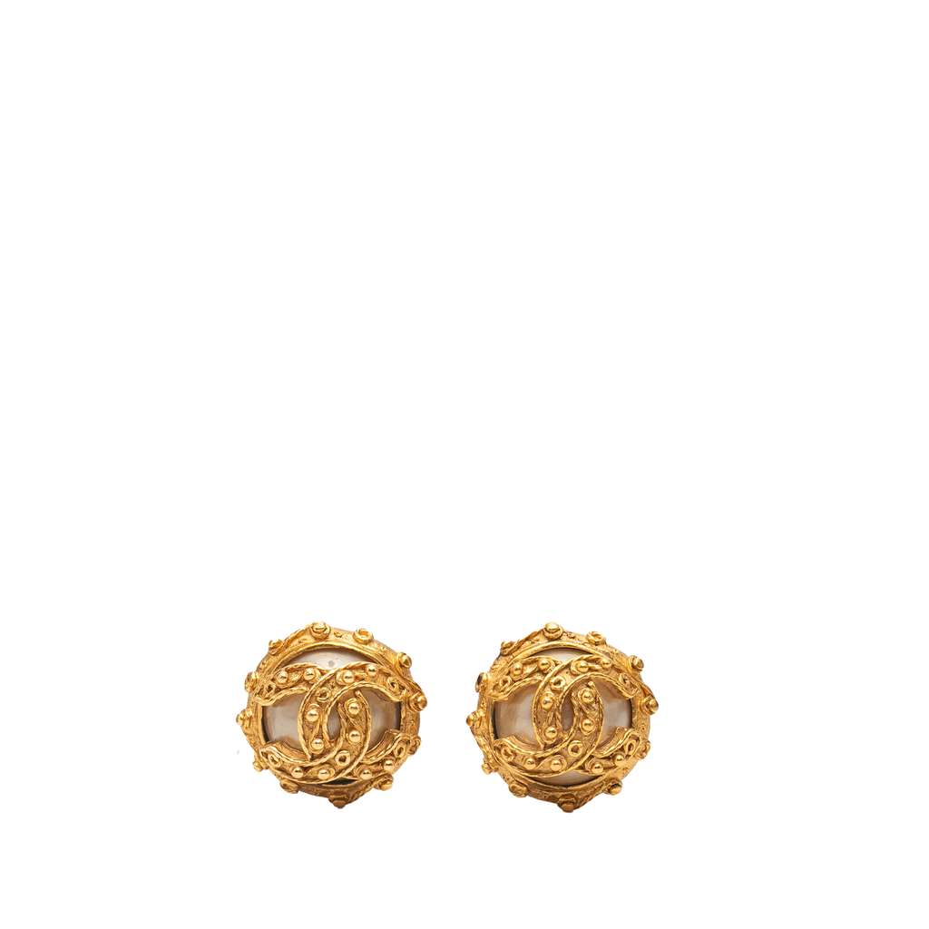 Chanel CC Gold Plated Studded Pearl Clip On Earrings