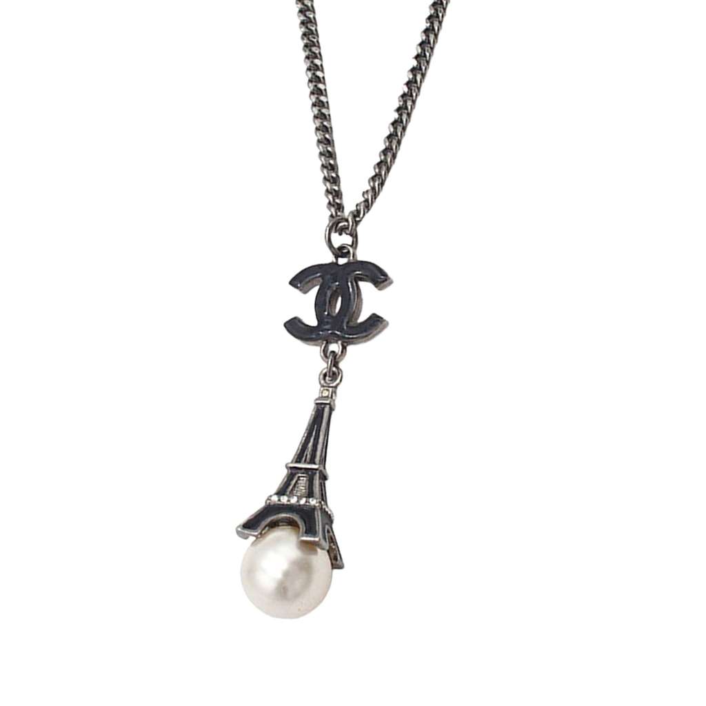 Chanel Silver Plated Faux Pearl Enamel CC Eiffel Tower Charm Necklace - 2