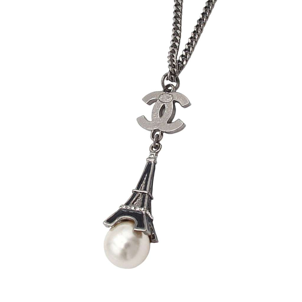 Chanel Silver Plated Faux Pearl Enamel CC Eiffel Tower Charm Necklace - 3