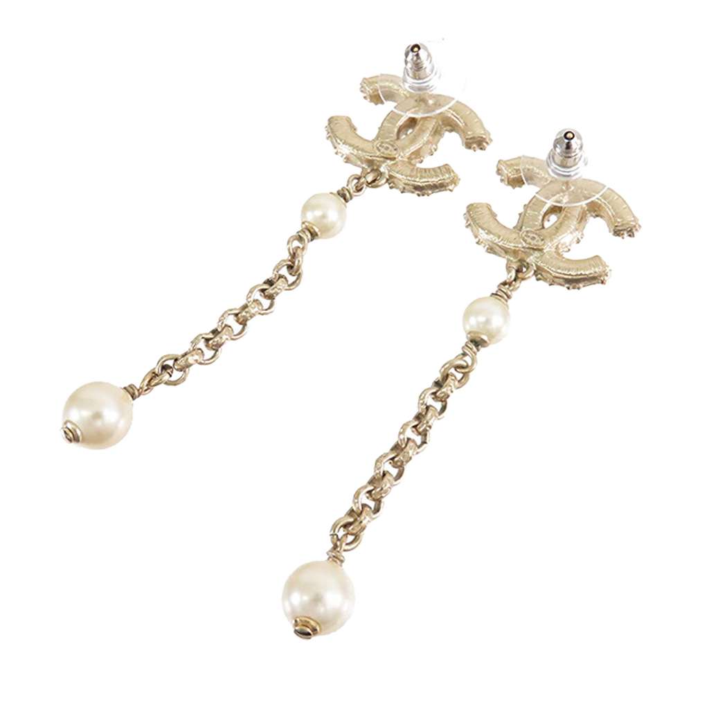 Chanel Gold Plated Faux Pearl CC Dangle Bullet Back Earrings - 2