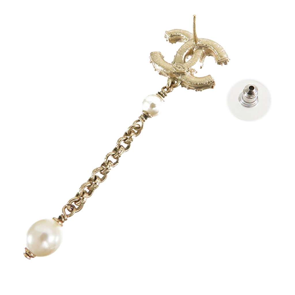 Chanel Gold Plated Faux Pearl CC Dangle Bullet Back Earrings - 3