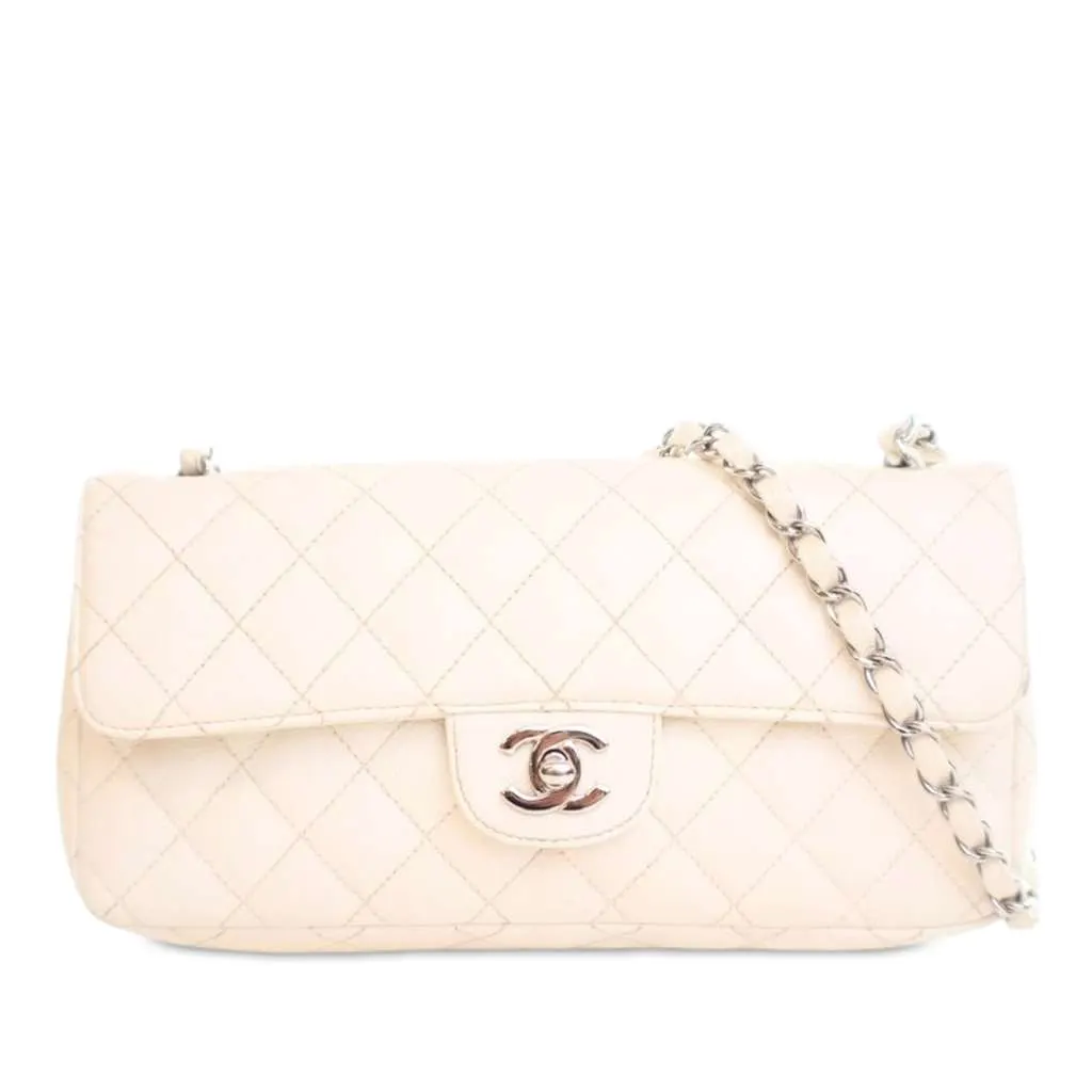 Chanel Classic Caviar East West Single Flap White Leather Good - Front View