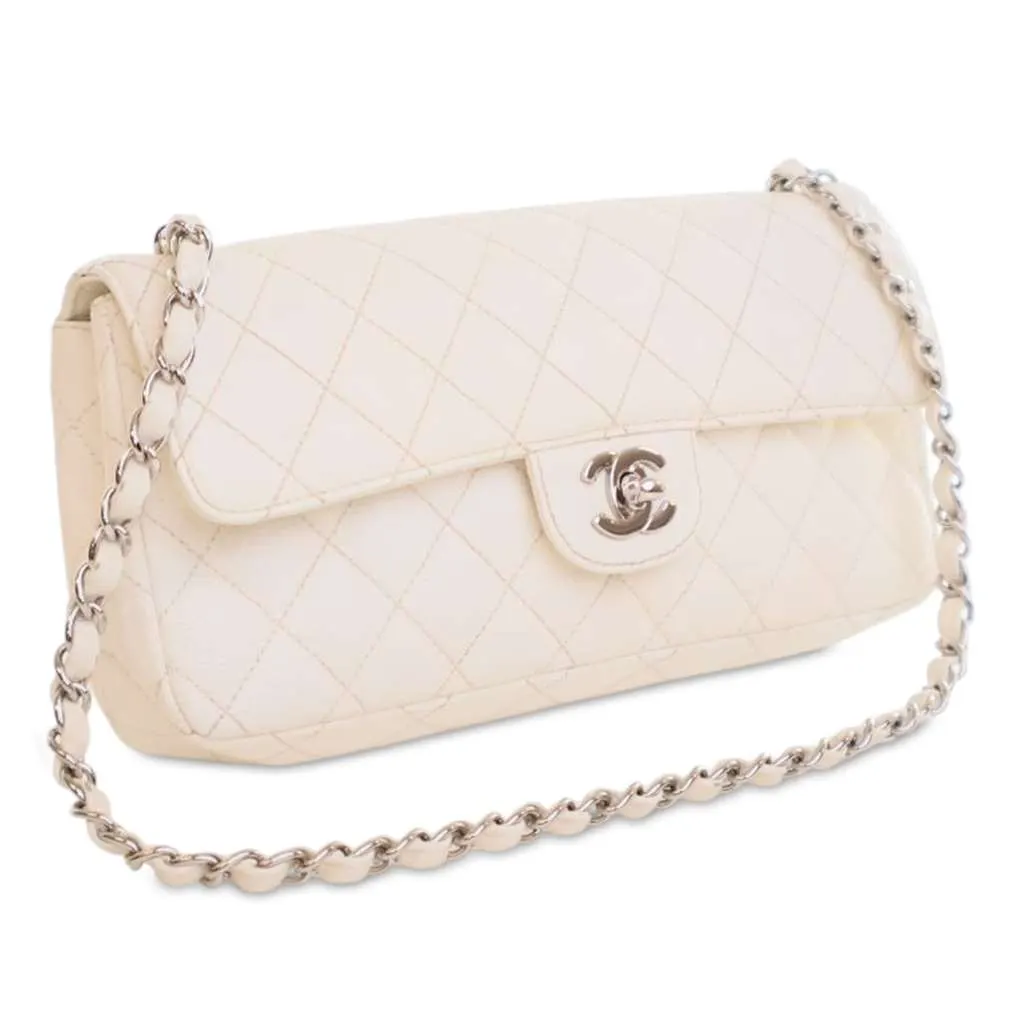 Chanel Classic Caviar East West Single Flap White Leather Good - Back View