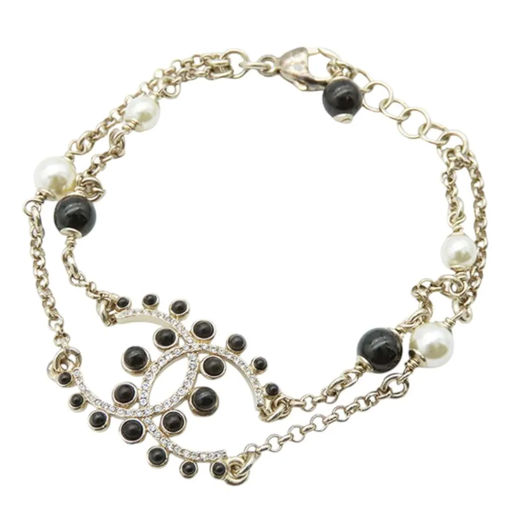 Chanel Gold Plated CC Faux Pearl Rhinestones Bracelet Gold Metal Very good - Front View