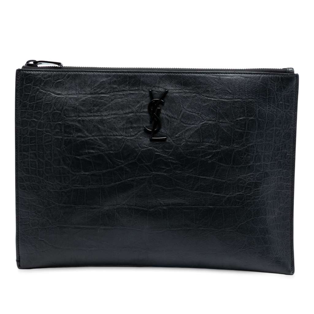 Saint Laurent Croc Embossed Leather Monogram iPad Case