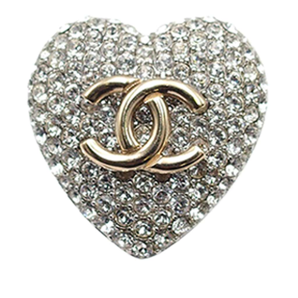 Chanel Silver Plated Crystal CC Heart Ring