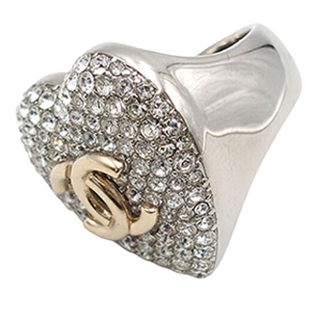 Chanel Silver Plated Crystal CC Heart Ring - 3