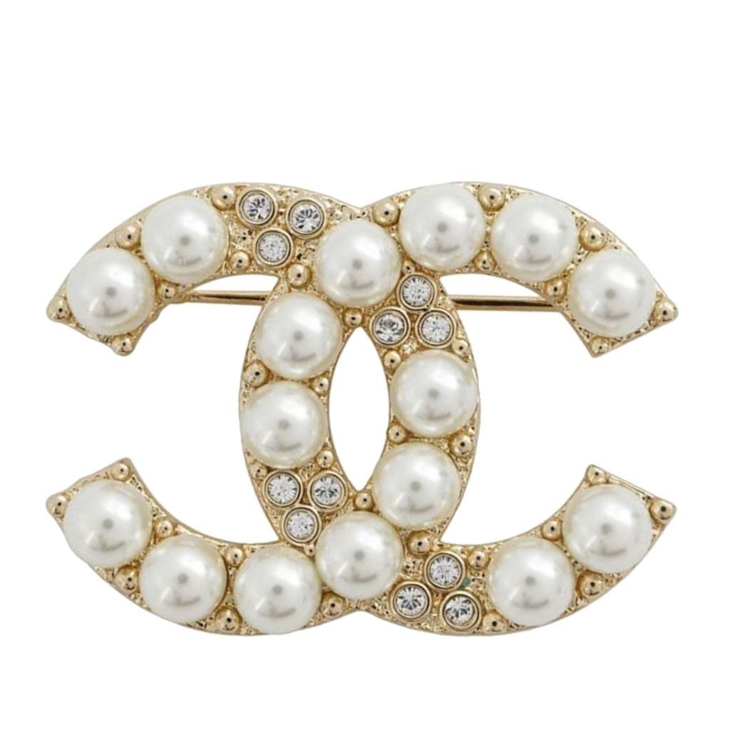 Chanel Gold Plated CC Faux Pearl Rhinestone Brooch