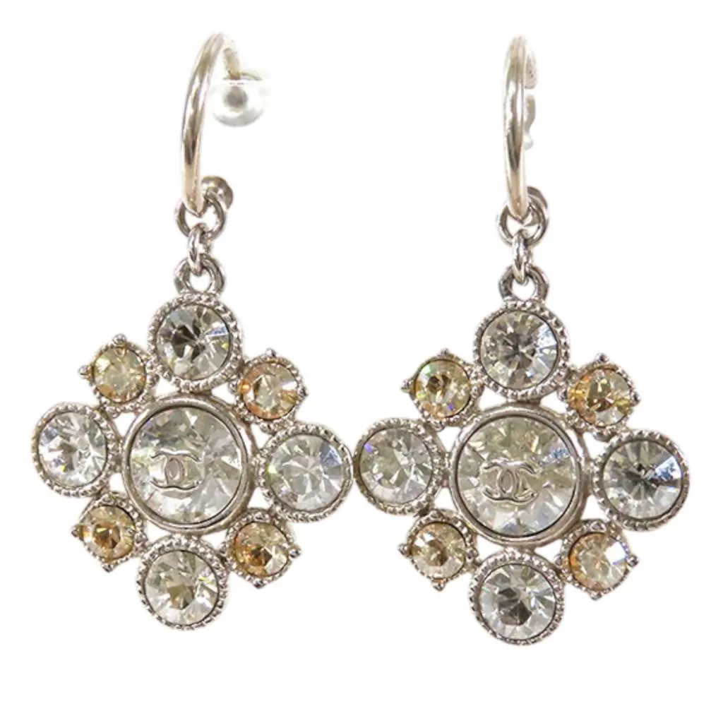 Chanel CC Silver Plated Crystal Dangle Earrings Silver Metal Good - Front View