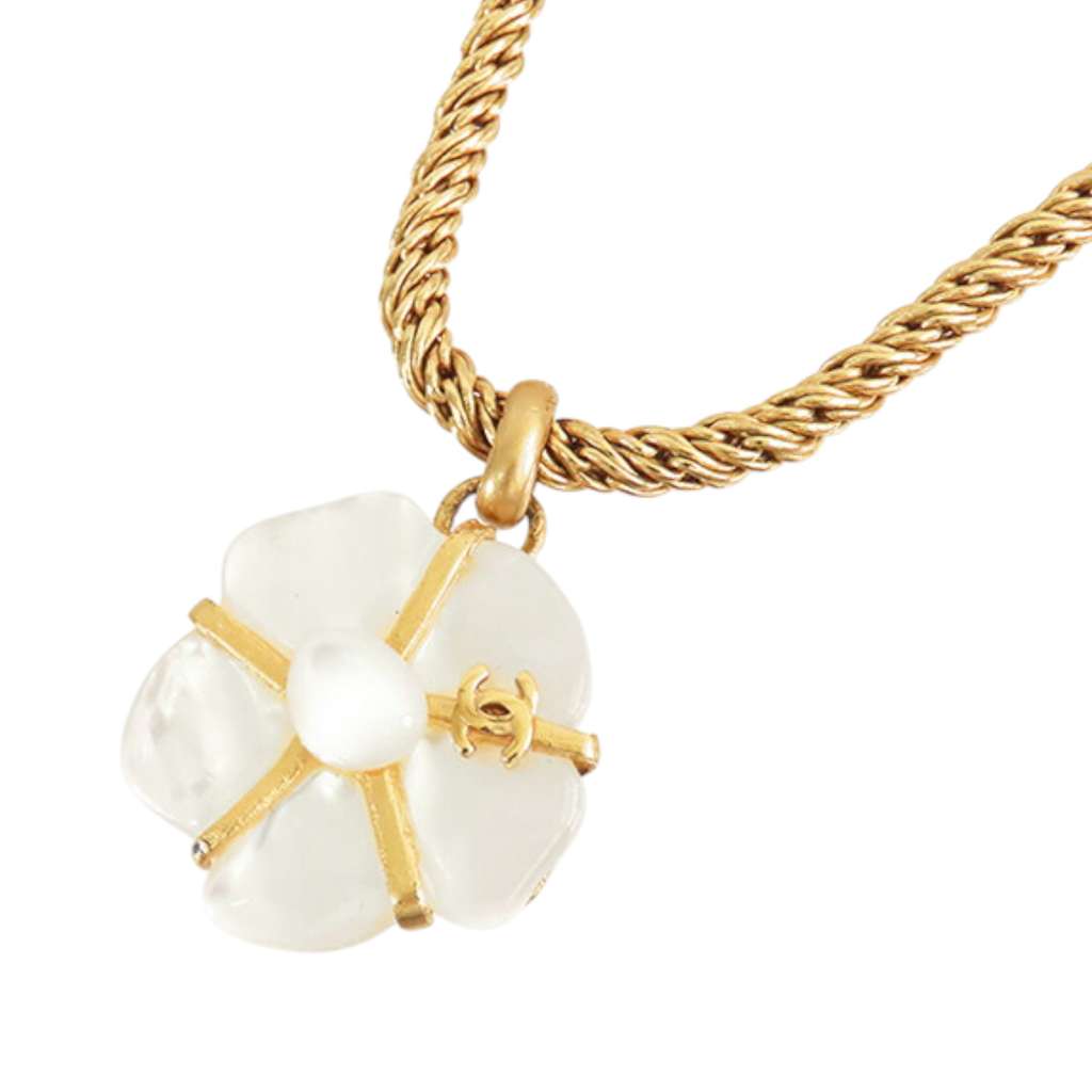 Chanel Gold Plated Mother of Pearl Camellia Pendant Necklace - 2