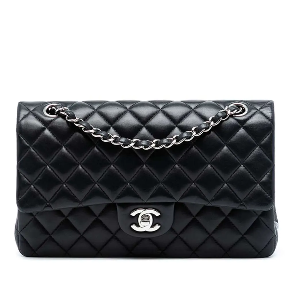 Chanel Medium Classic Lambskin Double Flap Black Leather Good - Front View