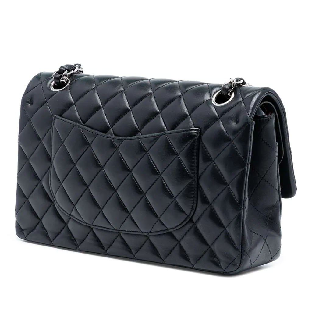Chanel Medium Classic Lambskin Double Flap Black Leather Good - Back View