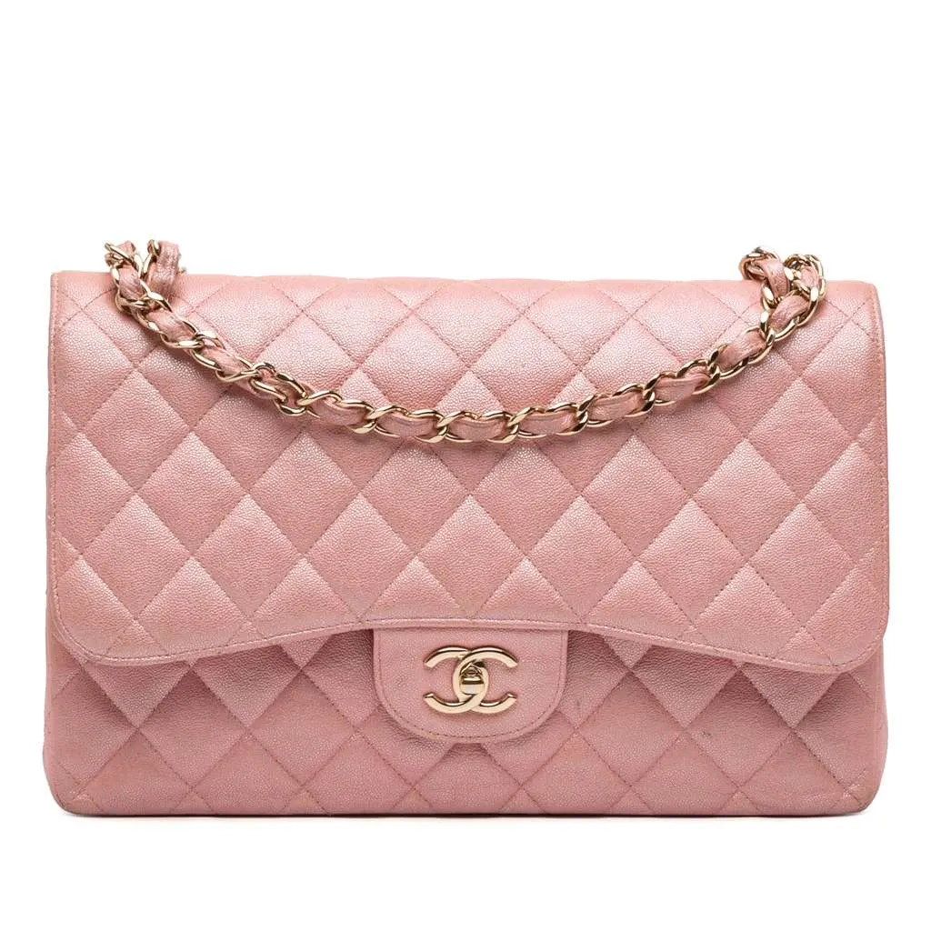 Chanel Jumbo Classic Iridescent Caviar Double Flap Pink Leather Good - Front View