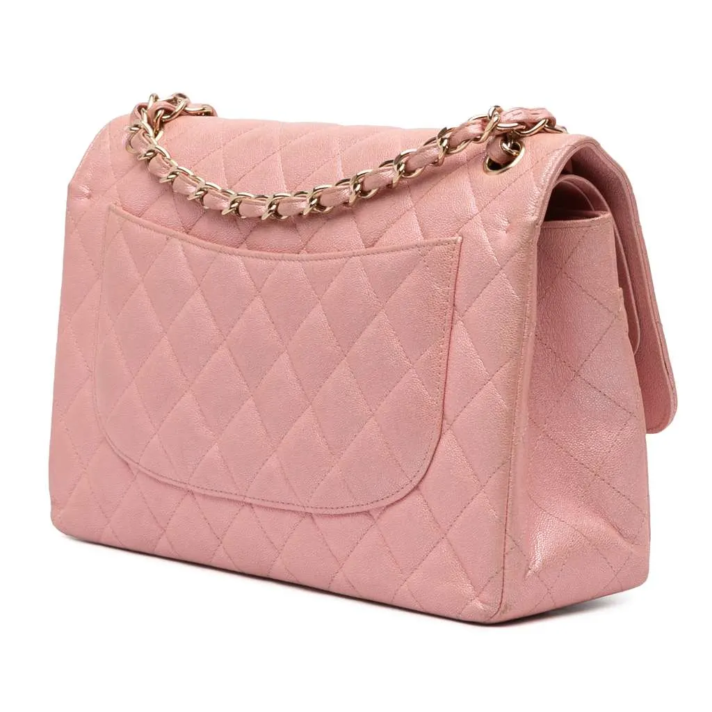 Chanel Jumbo Classic Iridescent Caviar Double Flap Pink Leather Good - Back View
