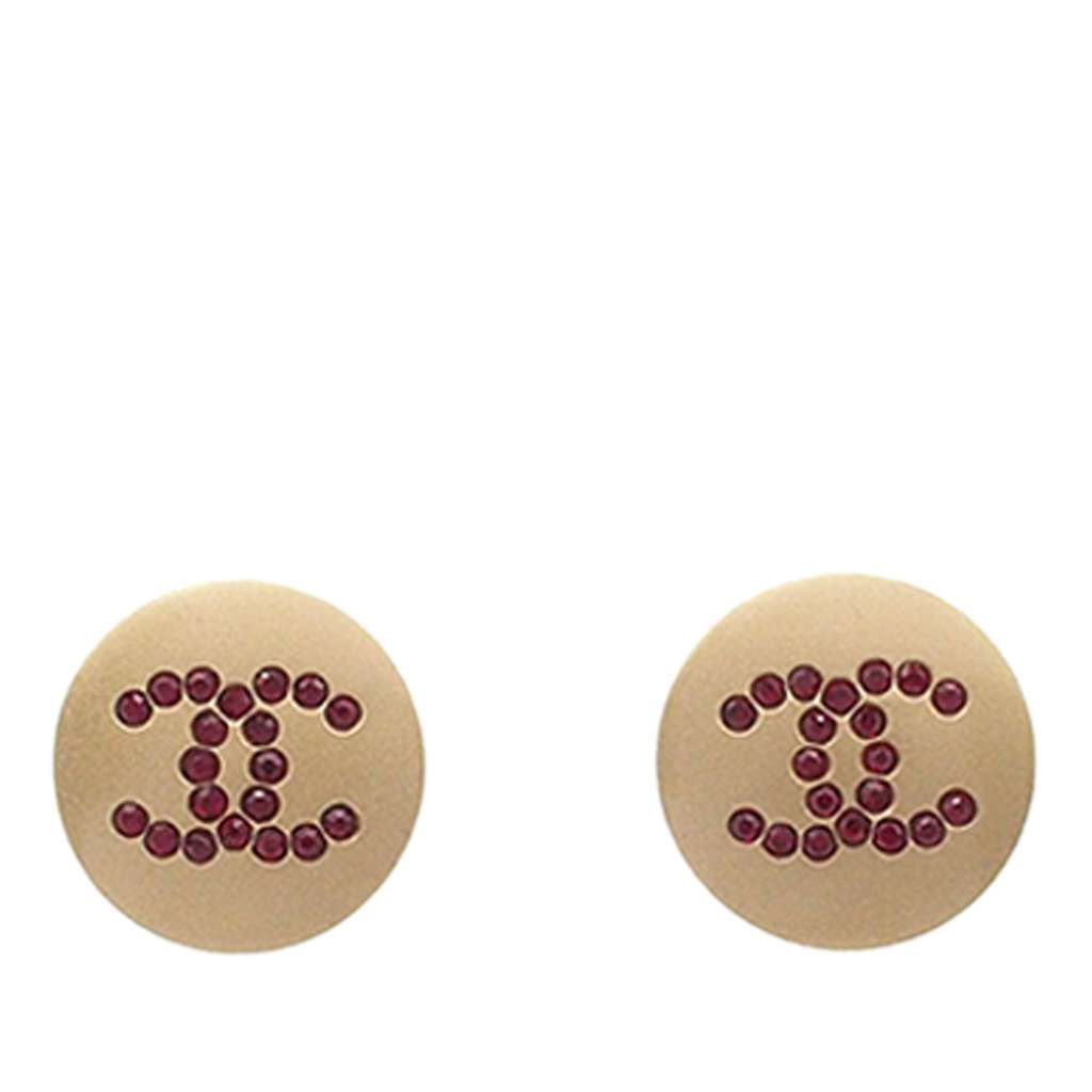 Chanel Gold Plated CC Rhinestone Round Push Back Earrings