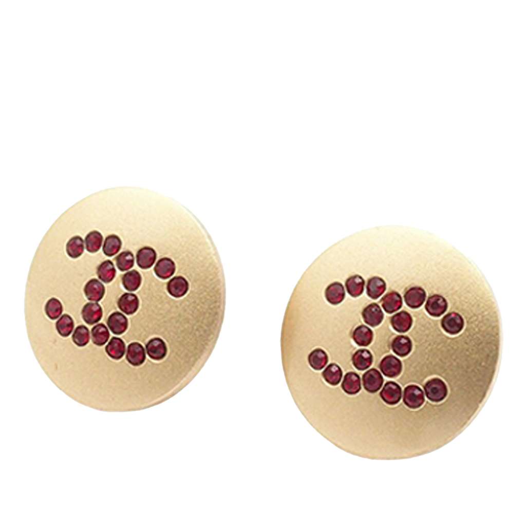 Chanel Gold Plated CC Rhinestone Round Push Back Earrings - 2