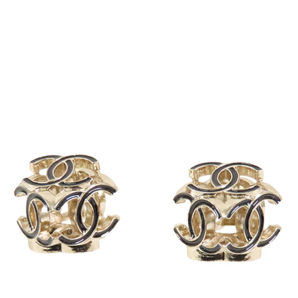 Chanel CC Gold Plated Enamel Cube Logo Push Back Earrings