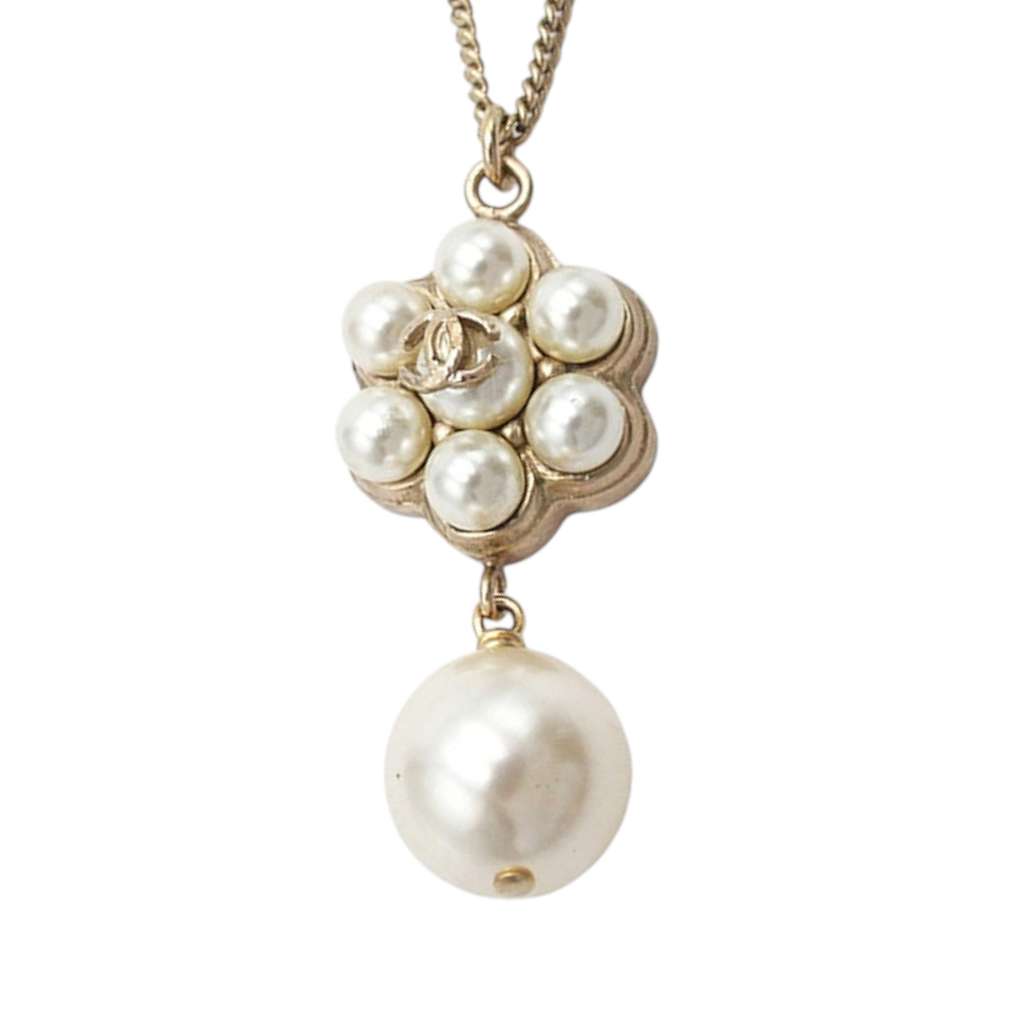 Chanel Gold Plated CC Faux Pearl Flower Drop Pendant Necklace