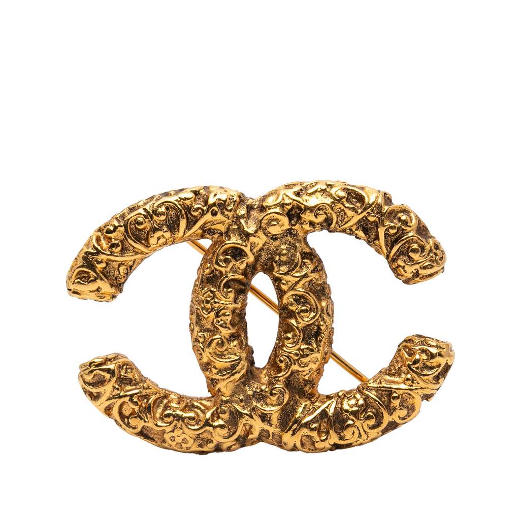 Chanel Gold Plated Baroque Embossed CC Logo Brooch