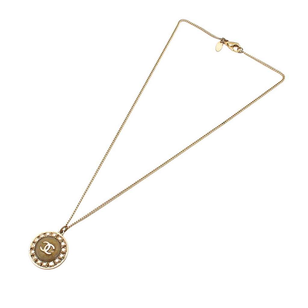 Chanel CC Gold Plated Round Pendant Necklace