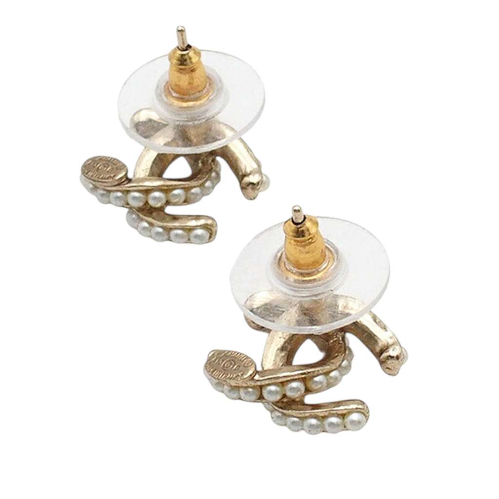 Chanel CC Gold Plated Faux Pearl Bullet Back Earrings - 2