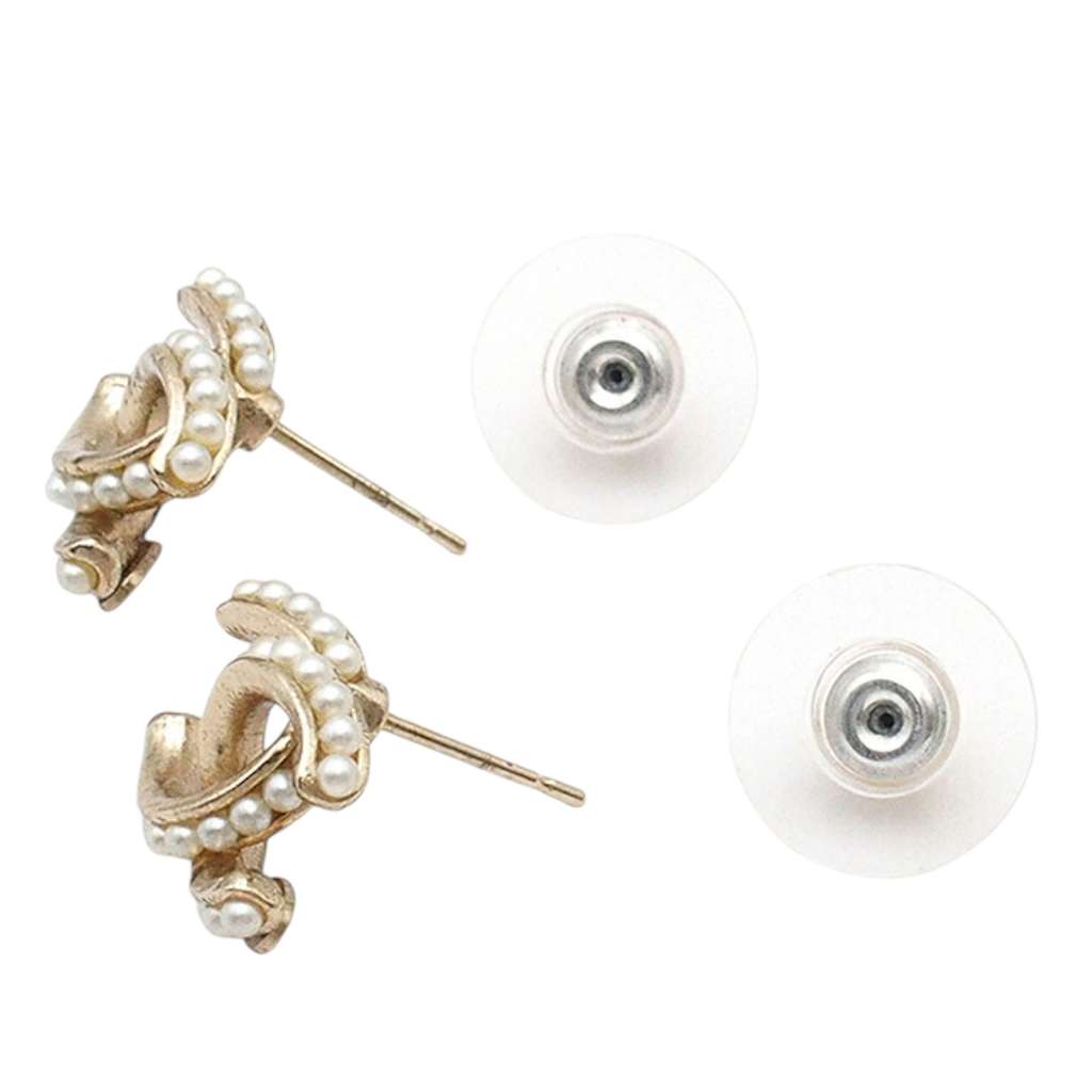 Chanel CC Gold Plated Faux Pearl Bullet Back Earrings - 3