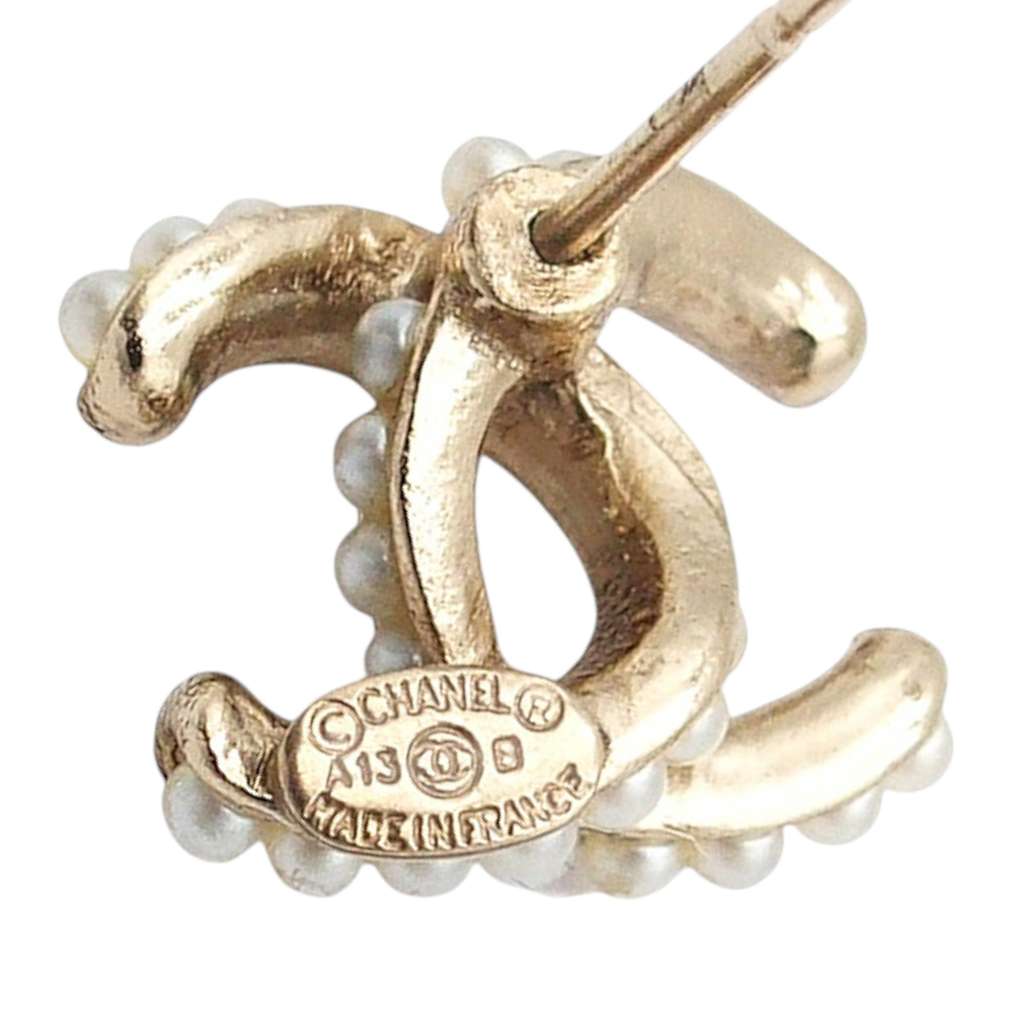 Chanel CC Gold Plated Faux Pearl Bullet Back Earrings - 4