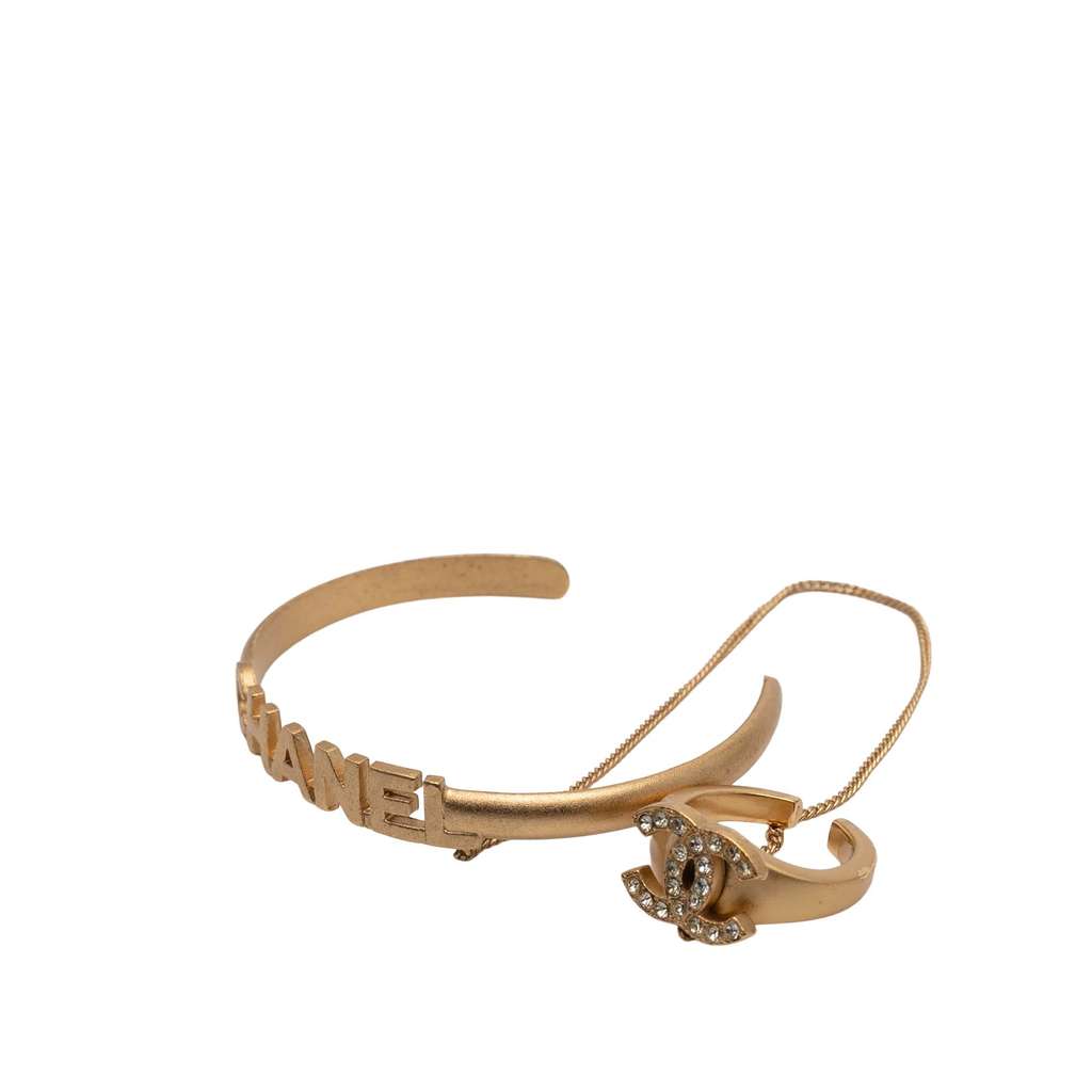 Chanel Gold Plated CC Rhinestone and Logo Cuff Bracelet and Ring Set - 2